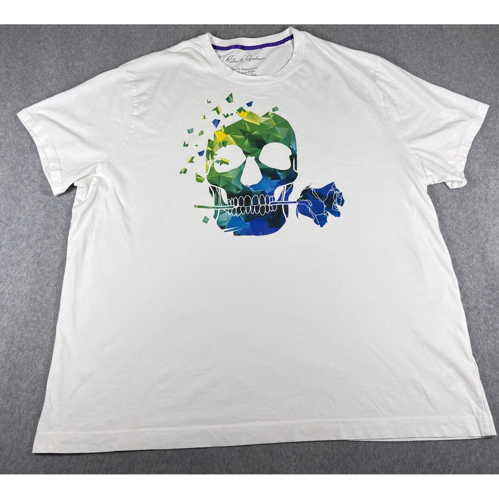 Robert Graham Skull T Shirt Mens 3XL White Blue Green Short Sleeve Cotton‎